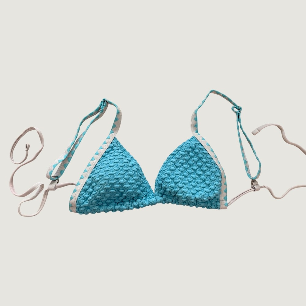 Unbranded Womens Bikini Top Blue Popcorn Smocked Triangle Geometric Trim Size S